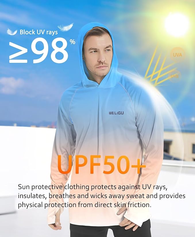 Men's UPF 50+ Sun Protection Hoodie Shirt Long Sleeve SPF Fishing Outdoor UV Hiking Lightweight Shirts
