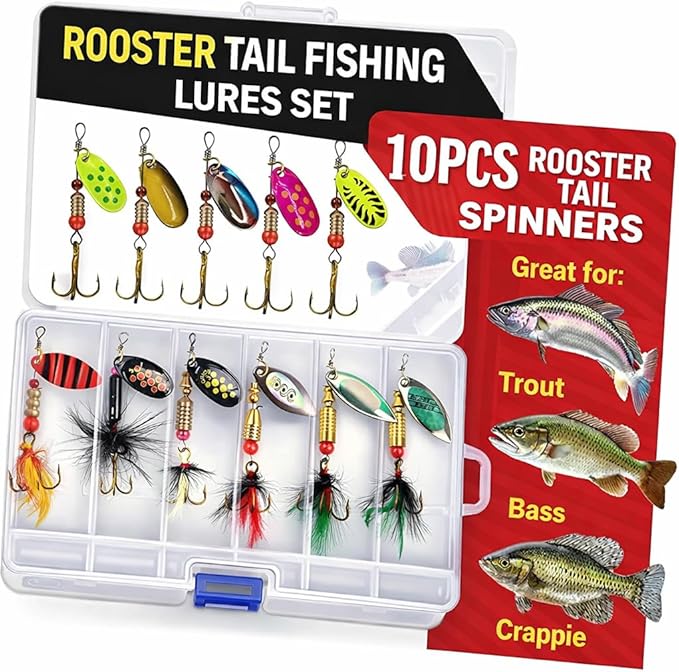 Fishing Spinner Lures Kit 10/15/16/20PCS, Inline Spinner Baits with Treble Hooks and Feather Tails, Metal Fishing Lures for Trout Bass Salmon Panfish, Multi-Color Freshwater Fishing Tackle Set