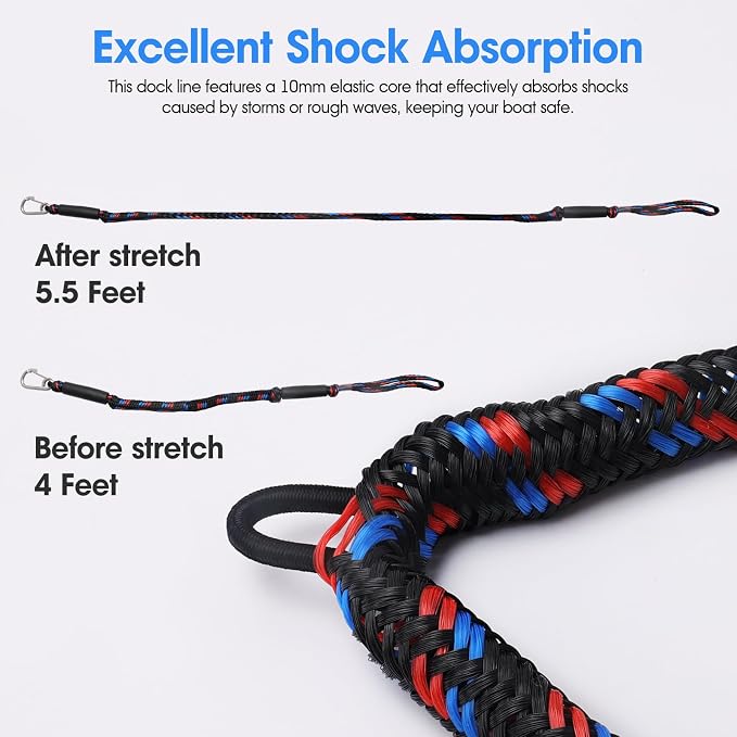 4 Feet Bungee Dock Line with Stainless Steel Clip & Foam Float 2pcs, Mooring Rope for Docking with Built-in Snubber, Ideal Boat Accessories for PWC, Jet Ski, SeaDoo, Kayak, Pontoon, Canoe