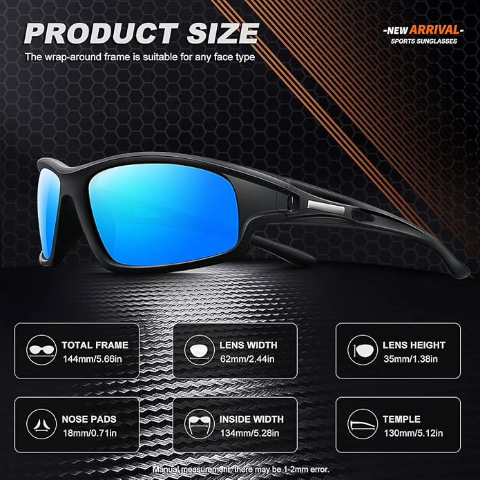 Polarized Sports Sunglasses for Men 100% UV Protection Wrap Around Unbreakable Sun Glasses for Fishing Driving