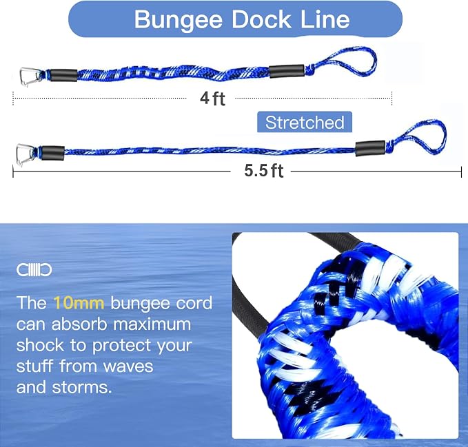 Bungee Dock Lines for Boats 4ft, Heavy Duty Mooring Ropes with Clips, Shock Absorbing Tie Downs for Jet Ski, PWC, Kayak, Pontoon, Watercraft 2 Pack