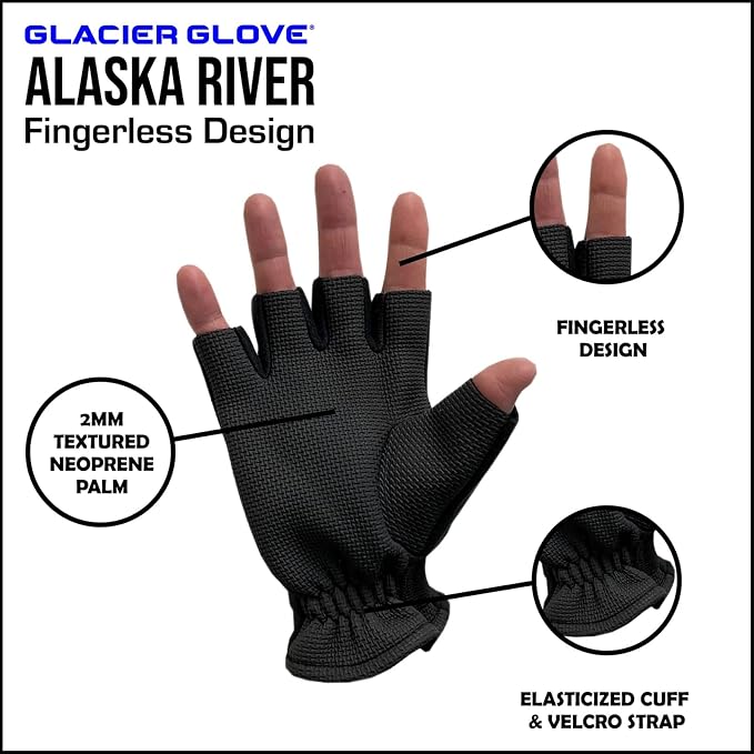 Glacier Glove Unisex Alaska River Fingerless Lightweight Breathable Non-Slip Grip Fishing Gloves with Elasticized Cuffs | for Outdoors, Fly Fishing, Paddling, Hiking