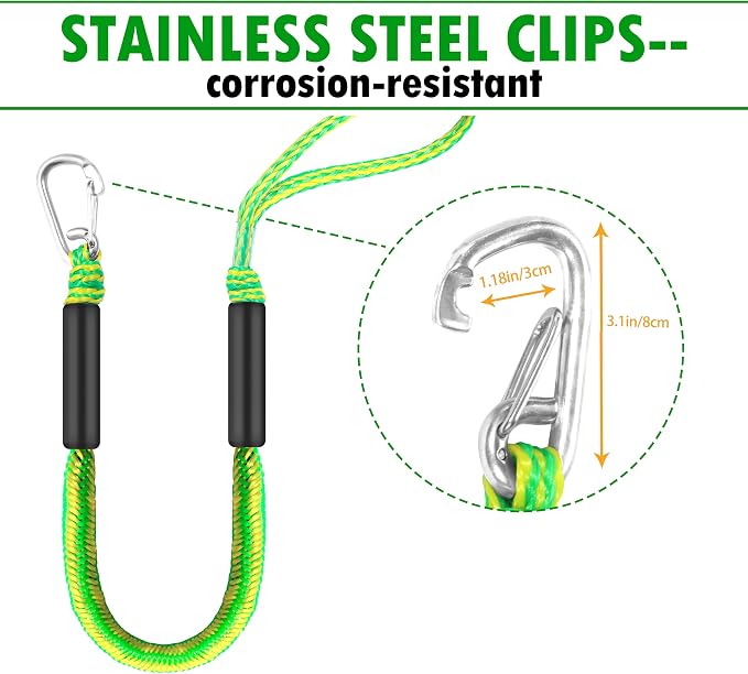 Boat Bungee Dock Lines – Adjustable Boat Tie Downs for Pontoon, Jet Ski, PWC, Kayak | Single Hook Small Cruiser Mooring Lines | (2, Green & Yellow, 3 Feet)