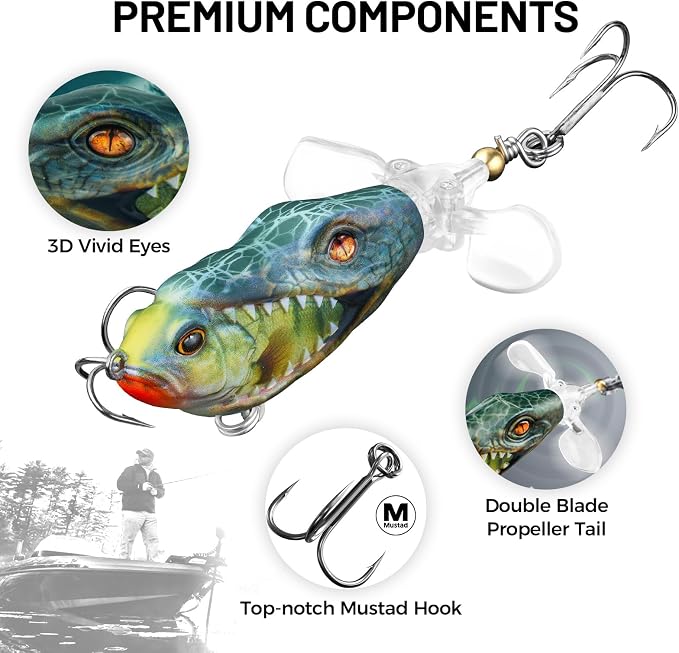 Handing Topwater Fishing Lure 3 Pieces Bass Fishing Lure with Mustad Hook, Lifelike Swimbait for Pike Catfish, for Anglers, 1/2oz, 3/4oz and 1oz