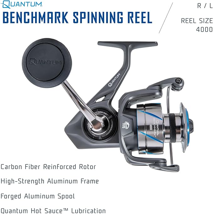 Quantum Benchmark Spinning Fishing Reel, 5+1 Bearings, Aluminum Frame, SEALOQ 6 Protection, GEARTEQ Machined Gears, CFX200 Carbon Fiber Drag, Silver/Blue