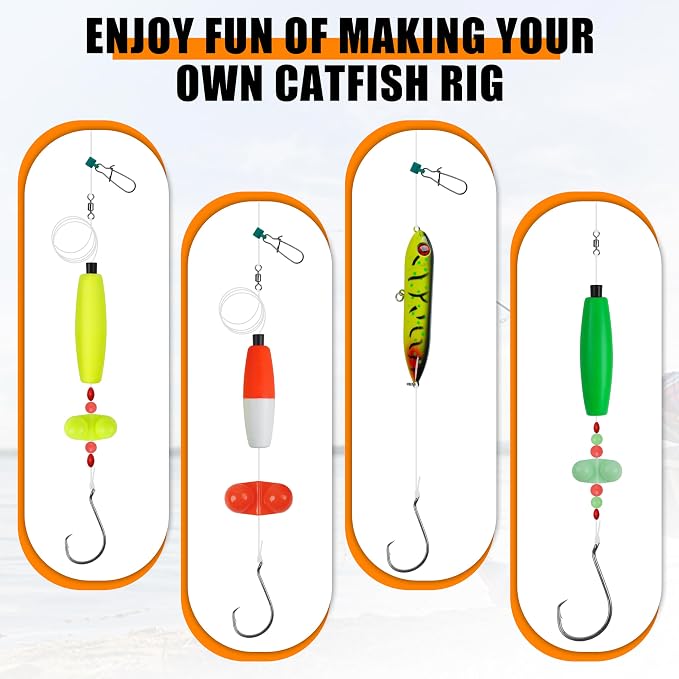 SILANON Catfish Rig Tackle Making Kit, Catfishing Tackle Accessories with Catfish Floats Catfish Hooks Swivels Fishing Rattles Bells Beads Bobber Stoppers Catfishing Gear Equipment