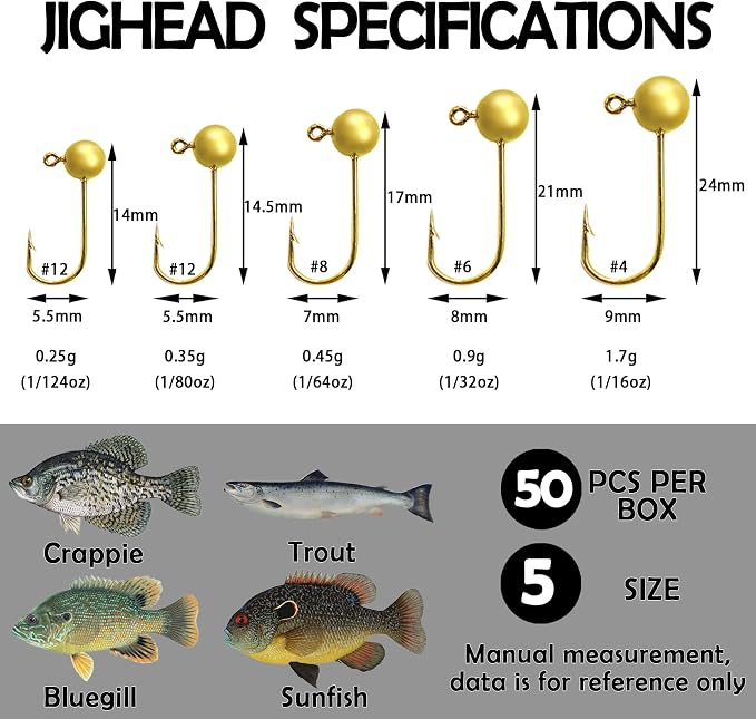 EUPHENG 50pcs Fly Tying Jig Heads Kit - Jig Hooks for Fly Fishing - DIY Lure Making Kit - Black, White, Orange, Pink, Chartreuse - Sizes #12, #8, #6, #4, #2