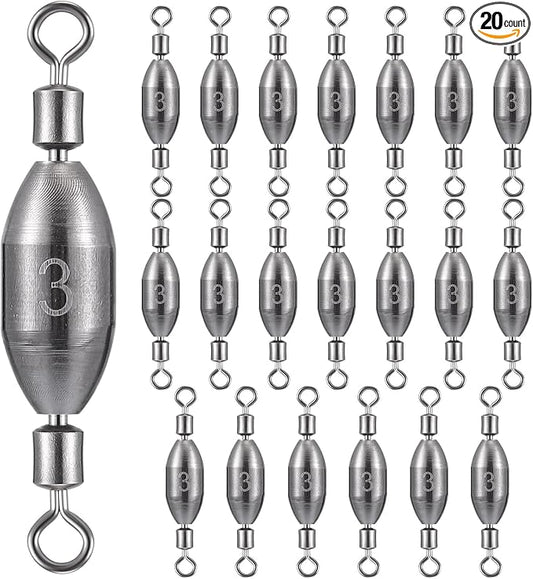 Seenelling 20 Pcs Brass Fishing Sinker Swivel Fishing Weights Saltwater Bullet Sinkers Drop Shot Weight Egg Sinkers with Swivel Rolling Removable Freshwater