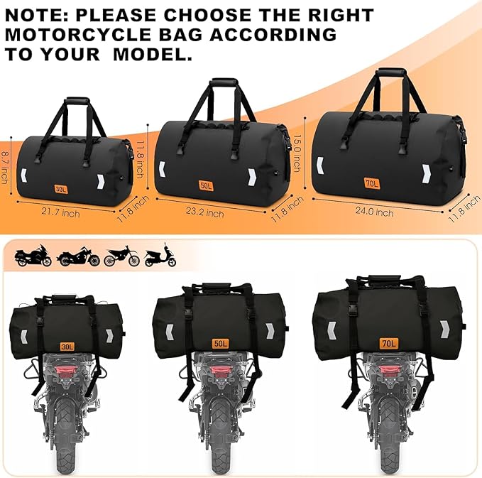 OCKLILY Waterproof Motorcycle Dry Bag, 30L Roll-top Motorcycle Tail Bag with Air Valve & Quick-fixed Straps, Travel Duffle Bags for Kayaking Paddle Boarding Rafting Boating Camping Riding - Black
