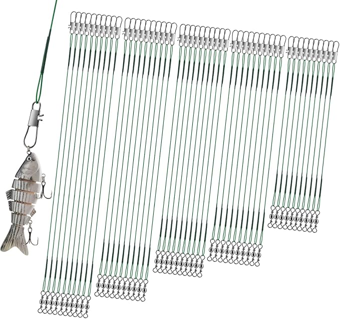 Realure 50Pcs Stainless Steel Fishing Leaders with Swivels Snap Connect Kit High Strength Fish Line Wire Leaders for Fishing Saltwater 4/6/8/10/12inch Fishing Wire Leader Line for Lure Bait Rig Hooks