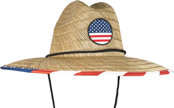 grinderPUNCH Lifeguard Hat Mens Straw Sun Hat for Outdoor American Flag USA Patriotic Straw Beach Fishing Straw Hat for Men