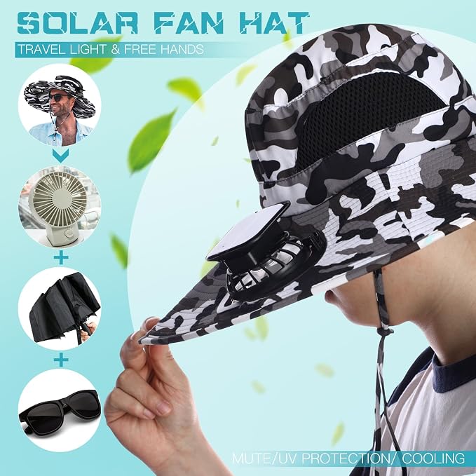 Berlune Sun Hat with 2 Solar Fan Wide Brim Fishing Bucket Hat USB & Solar for Men Women UPF 50+ Cooling for Fishing Beach