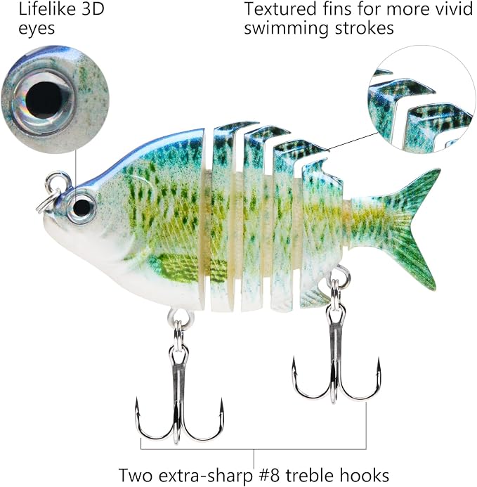 Bassdash SwimPanfish 0.34oz Hard Swimbaits Multi Jointed Topwater Trout Bass Fishing Crank Lure for Freshwater and Saltwater