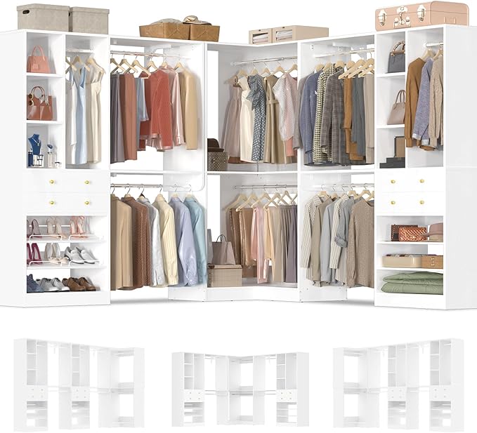 Large Closet System (Set of 3) with 4 Drawers, 8 Hanging Robs, 91.5"/151" Closet Organizer System with Corner Tower, Reversible Walk-in Closet System Corner Closet System, White