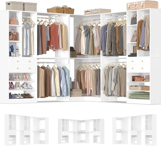 Large Closet System (Set of 3) with 4 Drawers, 8 Hanging Robs, 91.5"/151" Closet Organizer System with Corner Tower, Reversible Walk-in Closet System Corner Closet System, White