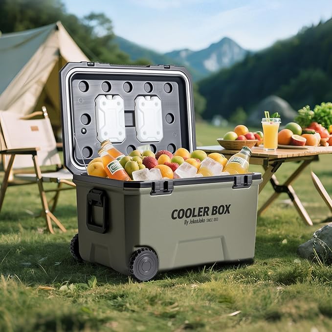JEKO&JEKO 60QT Portable Wheeled Cooler with Ice Packs, Long Insulated Ice Chest with Dual Latches, Cup Holders, Bottle Opener & Drain Valve, Ideal for Camping, Fishing, Picnic, Beach (Black & Gray)