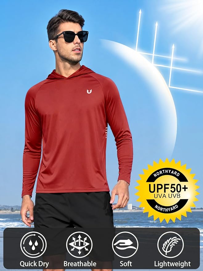 NORTHYARD Men's UPF 50+ Rash Guard Hoodie Long Sleeve Sun Protection Shirt Fishing Swim Beach Hiking Quick Dry Lightweight