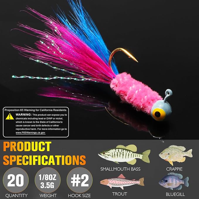 Dovesun Crappie Jigs, Jig Heads with Feather Hand-Tied Marabou Jigs Ice | Fly Fishing Lures 10 Colors 1/32oz 1/16oz 1/8oz Fishing Hair Jigs for Panfish Sunfish Walleye 20-40pcs