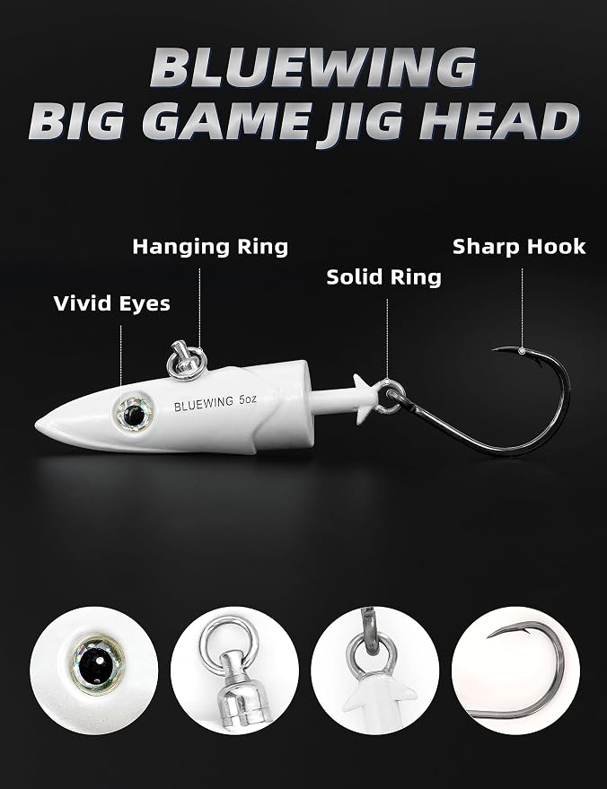 BLUEWING Jig Heads Saltwater 2oz,3oz,4oz,5oz,6oz,7oz Swimming Jigheads 1pc with High Carbon Steel Swing Hook and 6in/9in Replacement Tail Big Game Fishing Lures