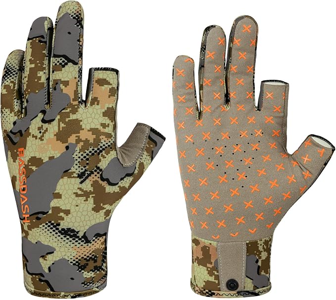 BASSDASH Unisex Fingerless Camo Hunting Gloves for Men's Women's Early Season Warm Weather UPF 50+ Lightweight Fishing Photography HG03
