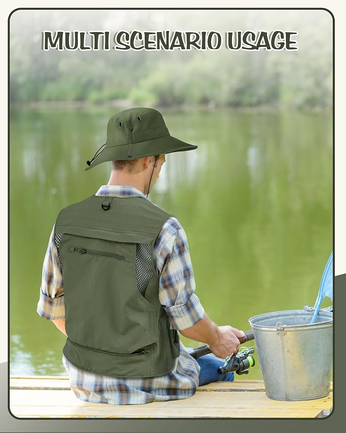 Shihanee 2 Pcs Men's Fishing Vest Sun Hat Multi Pocket Safari Vest for Outdoor Hiking Summer Travel