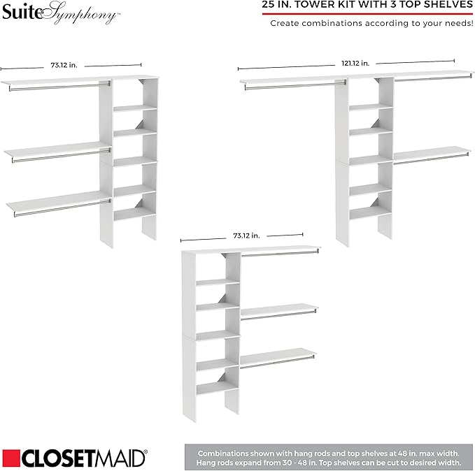 ClosetMaid SuiteSymphony Wood Closet Organizer Kit with Tower, 3 Hang Rods, Top Shelves, 4 Drawers, Doors, Adjustable, Fits Spaces 6 - 10 ft. Wide, Pure White