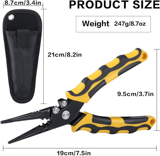 Sougayilang Fishing Pliers,Sheath and Lanyard Tungsten Carbide Cutters,420 Stainless Steel Fishing Tools,Saltwater Resistant Fishing Gear with Rubber Handle-7.5'' Straight Nose - Yellow