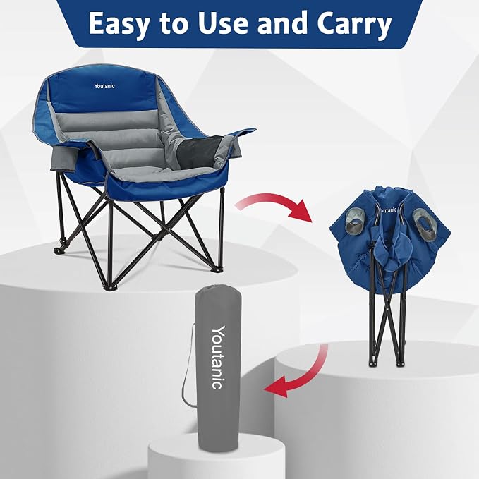 Youtanic Oversized Extra Large Padded Camping Chair, up to 400lbs, Folding Camping Chairs with Side Pocket, Carry Bag, Heavy Duty Outdoor Camp Chairs for Adults, Fishing, Sports, Trip, Gray-Blue
