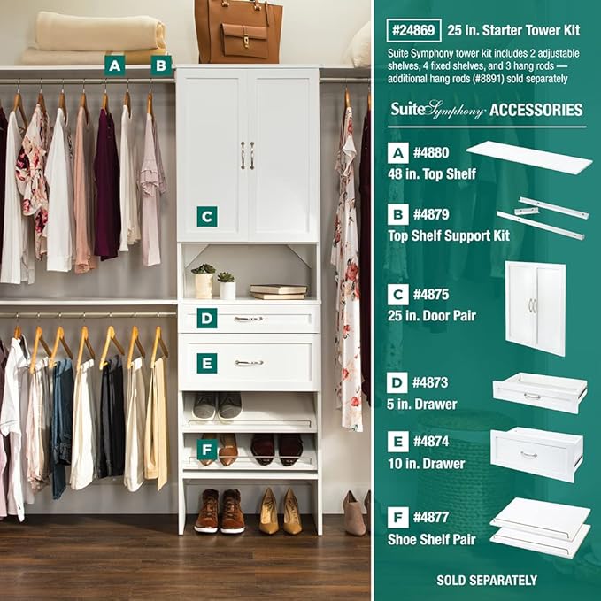 ClosetMaid SuiteSymphony Wood Closet Organizer Starter Kit with Tower and 3 Hang Rods, Shelves, Adjustable, Fits Spaces 5 – 10 ft. Wide, Pure White