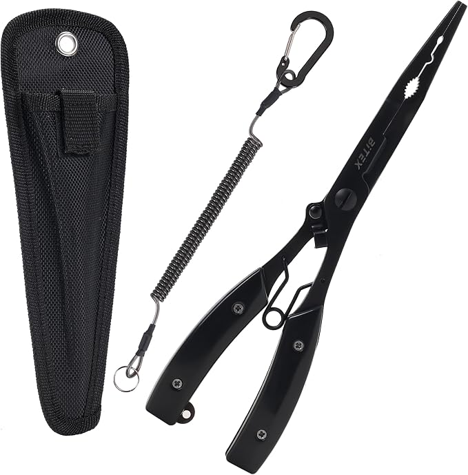 BiteX Saltwater Long Nose Fishing Pliers with Braid Cutter & Hook Remover | Titanium-Coated Stainless Steel, Extended Reach, Better Control, Deep-Set Hook Remover, One-Hand Operation, Lanyard & Sheath