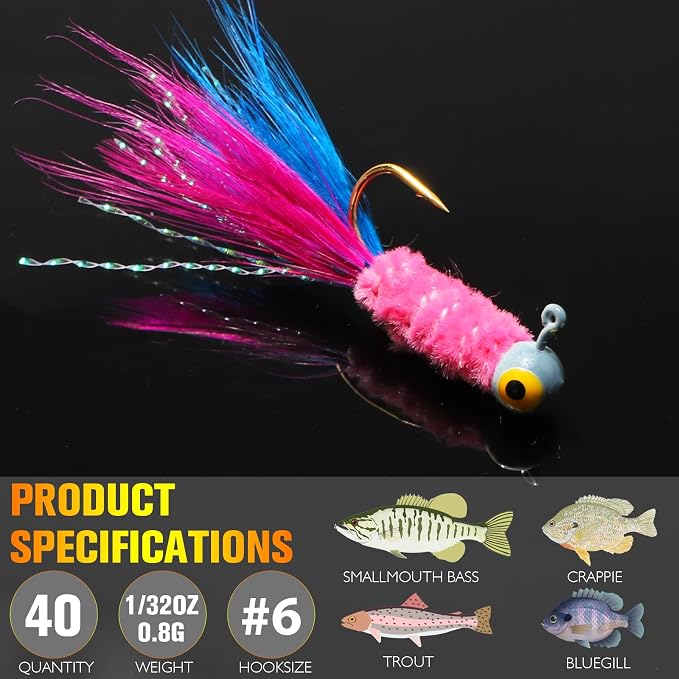 Dovesun Crappie Jigs, Jig Heads with Feather Hand-Tied Marabou Jigs Ice | Fly Fishing Lures 10 Colors 1/32oz 1/16oz 1/8oz Fishing Hair Jigs for Panfish Sunfish Walleye 20-40pcs