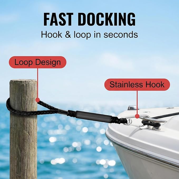 Bungee Dock Lines for Boats 2ft - 2 Pack Heavy Duty Boat Ropes with Clips, Marine Grade PWC Accessories for Jet Ski, SeaDoo, Kayak & Pontoon, Shock Absorbing Mooring Rope