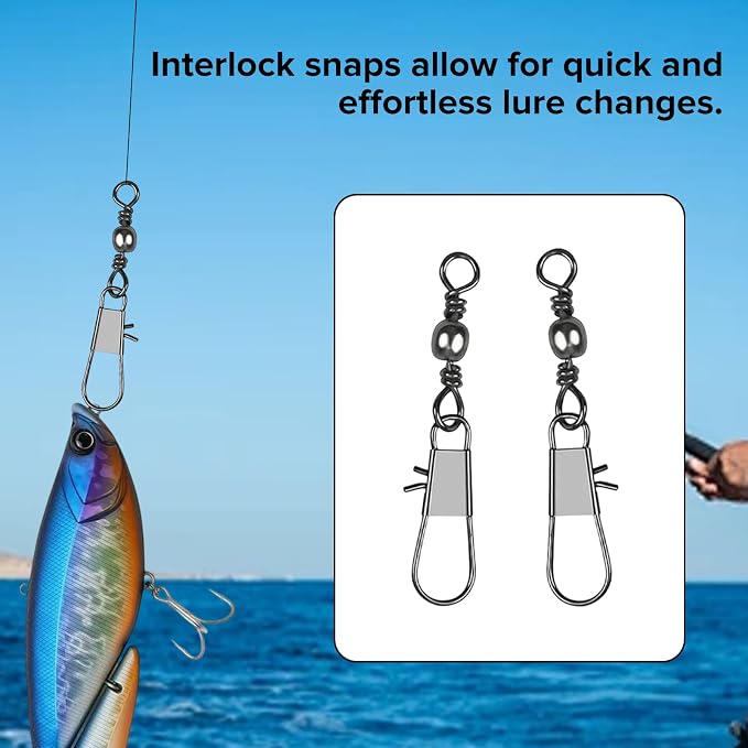 DONQL Fishing Swivels Snap 200pcs Swivels Fishing Tackle, Barrel Swivel Barrel Swivels with Snaps, Available #14#12#10#8#7#6, for Saltwater, Freshwater, Leader, Line, Lure Connector