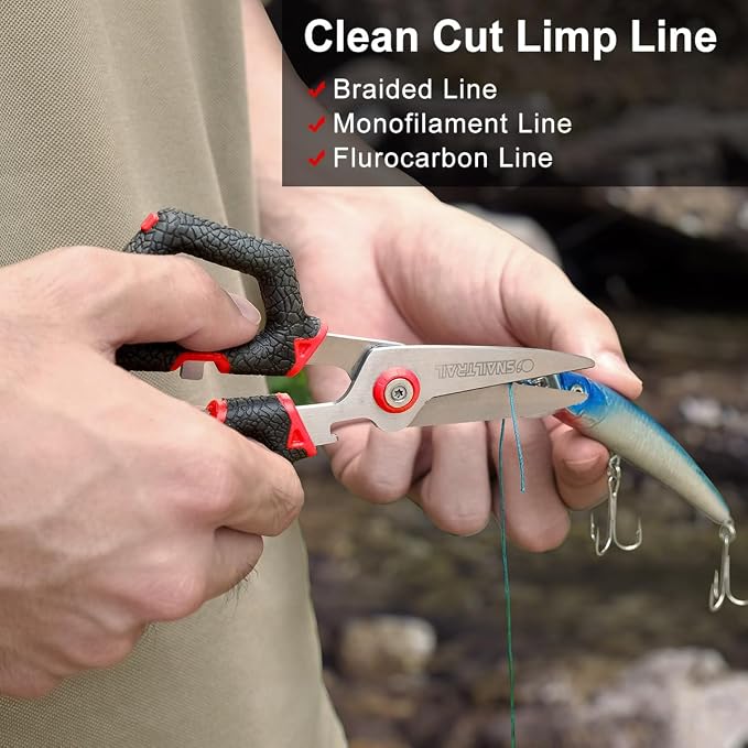 SNAIL TRAIL 7" Fishing Pliers & 6" Scissors Kit, Saltwater Hook Remover Tool Set, Serrated Blades Braided Line Cutter, Needle Nose Split Ring Fish Gear, Crimping Nipper for Fly, Fishing Gifts for Men