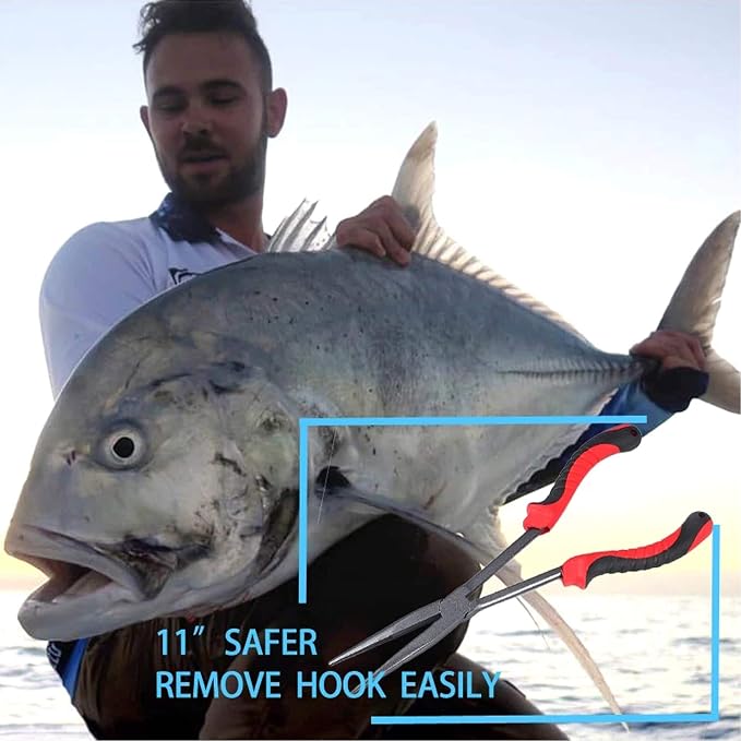 11" Long Nose Fishing Pliers, Straight & Bent Jaws, PTFE Coated Corrosion Resistant, Hook Remover & Braid Cutter Fishing Needle Nose Pliers, Saltwater Freshwater Gear for Bass Snook Trout