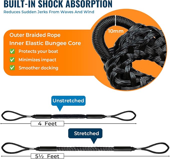 2PCS 4 Feet Premium Bungee Boat Lines 27cm Extended Loop Boat Accessories for Mooring for Jet Ski, SeaDoo, Yamaha WaveRunner Dinghy Pontoon Accessories Boating Gifts(Black)