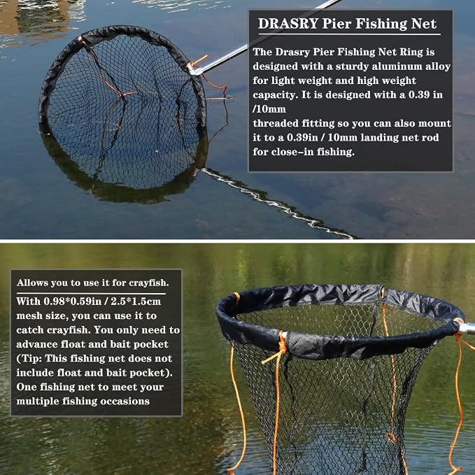 Drasry Foldable Bridge and Pier Fishing Landing Net - High Load-Bearing Aluminum Ring Drop Net for Saltwater Freshwater - Collapsible Basket With 49.2 FT Rope