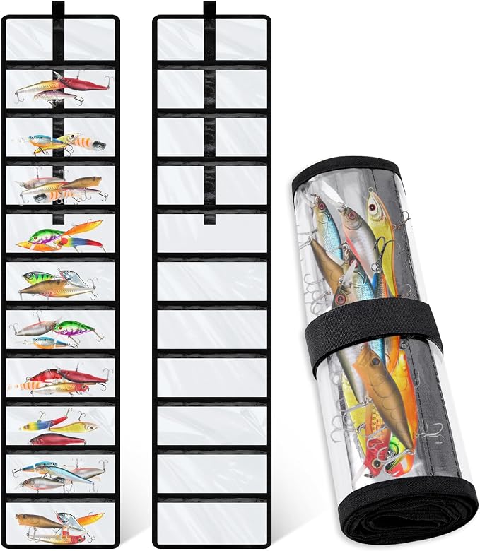 Soulchen 2 Pcs Roll up Fishing Lure Wraps Lure Covers Set 10 Pocket Fishing Hook Covers Clear PVC Bait Bag Tackle Storage Bags & Wraps Easily See Lures Storage Organizer Protector(Black)