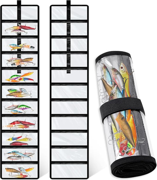Soulchen 2 Pcs Roll up Fishing Lure Wraps Lure Covers Set 10 Pocket Fishing Hook Covers Clear PVC Bait Bag Tackle Storage Bags & Wraps Easily See Lures Storage Organizer Protector(Black)