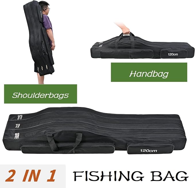 3 Layers Fishing Pole Bag,Portable 3 Layers Oxford Folding Rod Carry Case,Fishing Reel Tackle Storage Bag Case