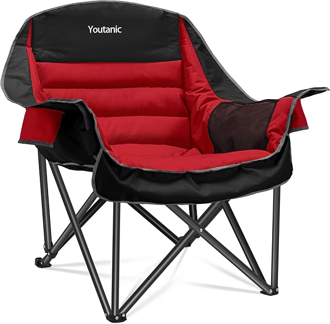 Youtanic Oversized Extra Large Padded Camping Chair, up to 400lbs, Folding Camping Chairs with Side Pocket, Carry Bag, Heavy Duty Outdoor Camp Chairs for Adults, Fishing, Sports, Trip, Red-Black