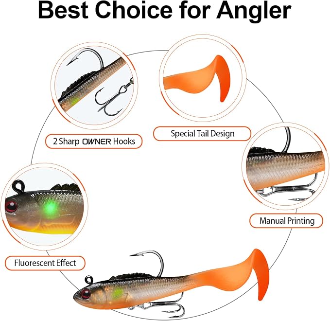 TRUSCEND Shadtale Easy Catch Soft Fishing Lures with BKK Hooks - Trembly Sinking and Vibrating Swim for More Bites, Pre-Rigged Swimbaits for Bass, Trout, Crappie, Walleye, Freshwater Saltwater Fishing