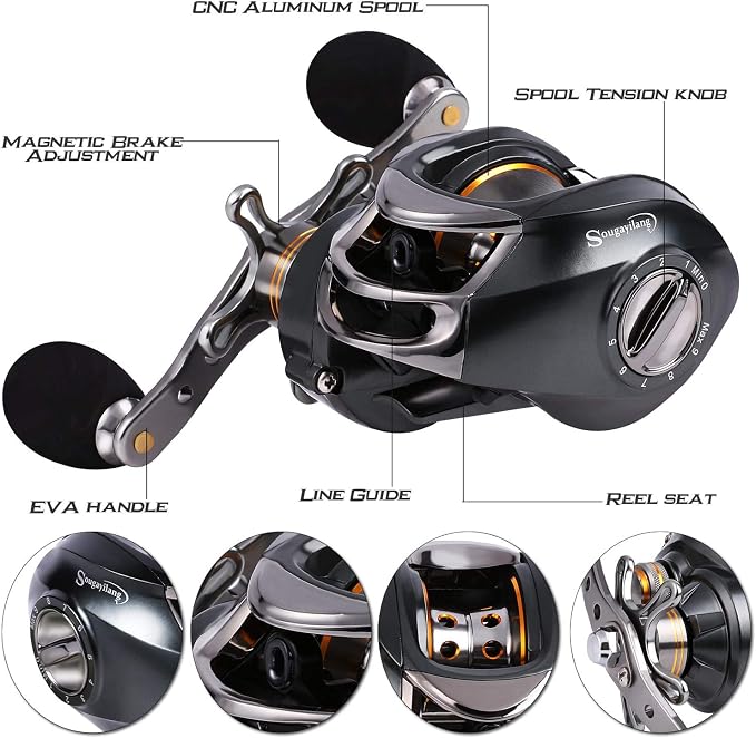 Sougayilang Fishing Reel and Rod Combos,24-Ton Carbon Fiber Fishing Poles with Baitcasting Reel,7.0:1 Gear for Travel Freshwater
