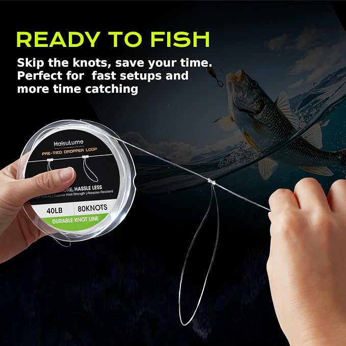 Pre-Tied Dropper Loop Knots Fishing Line, 80 Knots Monofilament Leader with 5.5" Loop Diameter & 18" Spacing, Saltwater & Freshwater Fishing Knots Line for Sea Bass, Snapper, Cod