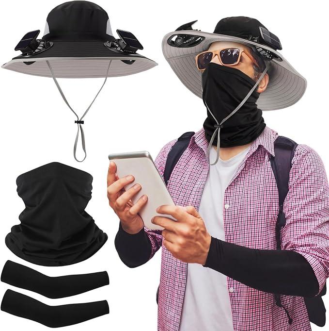 Syhood Solar Powered Fan Hat Neck Gaiter Arm Sleeves Sun Bucket Hat with Fan Cooling Wide Brim Hats for Fishing Hiking