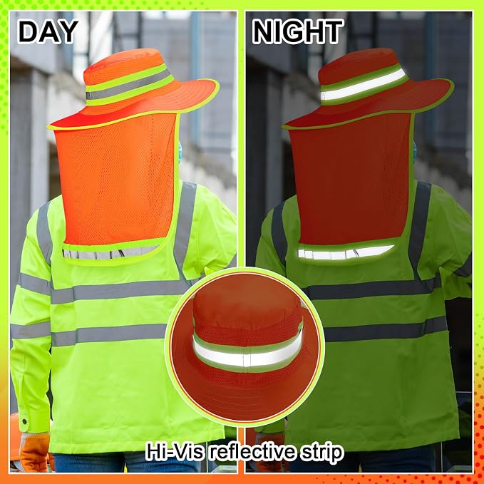 Jexine 10 Pcs High Visibility Reflective Hat with Neck Flap Safety Sun Hat for Men Bucket Cap Boonie Hats Bulk