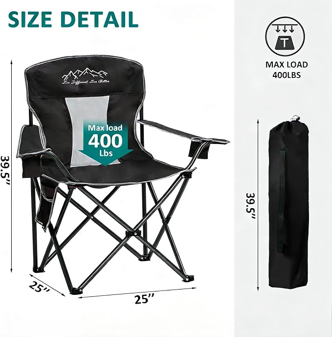 2PCS Collapsible Folding Camping Chairs Heavy Duty Lawn Foldable Chair with Cooler Bag, Storage Pocket, Waterproof Bag Outdoor Arm Sport Chair, Supports 325LBS, Black