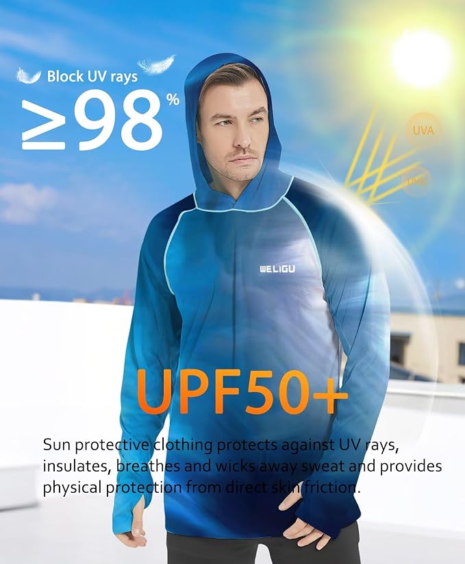 Men's UPF 50+ Sun Protection Hoodie Shirt Long Sleeve SPF Fishing Outdoor UV Hiking Lightweight Shirts