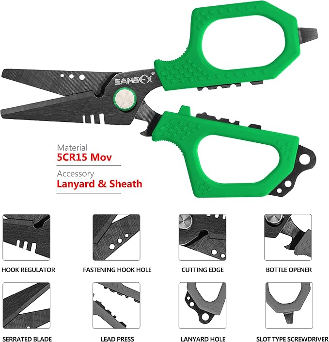 SAMSFX Fishing Braid Line Scissors Shears with Non-Slip Grip Handles (Green Handle)