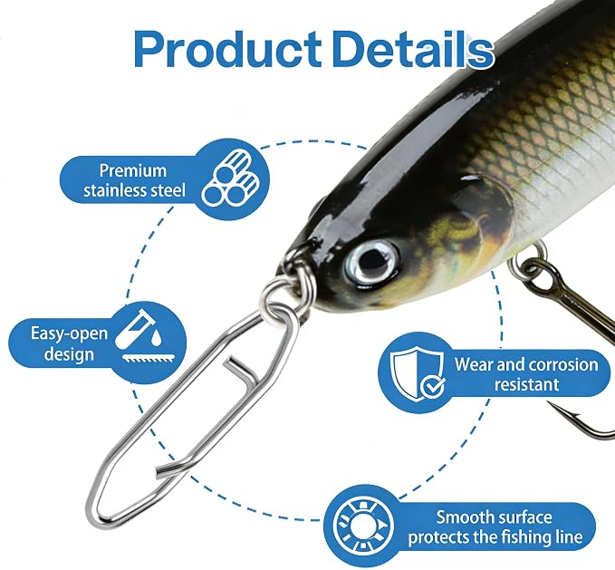 150PCS Heavy Duty Fishing Clips withs, Stainless Steel Fishing Snaps, 3 Sizes (M/L/XL), Corrosion Resistant Quick Connect Fishing Lure Clips for Freshwater and Saltwater Fishing
